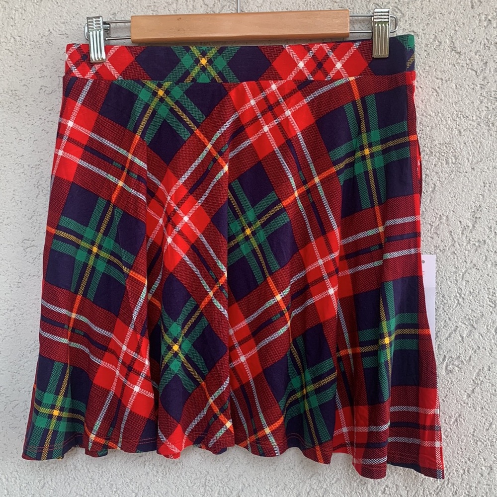 ModCloth. Plaid skater skirt.  Blue, red, green with yellow and white